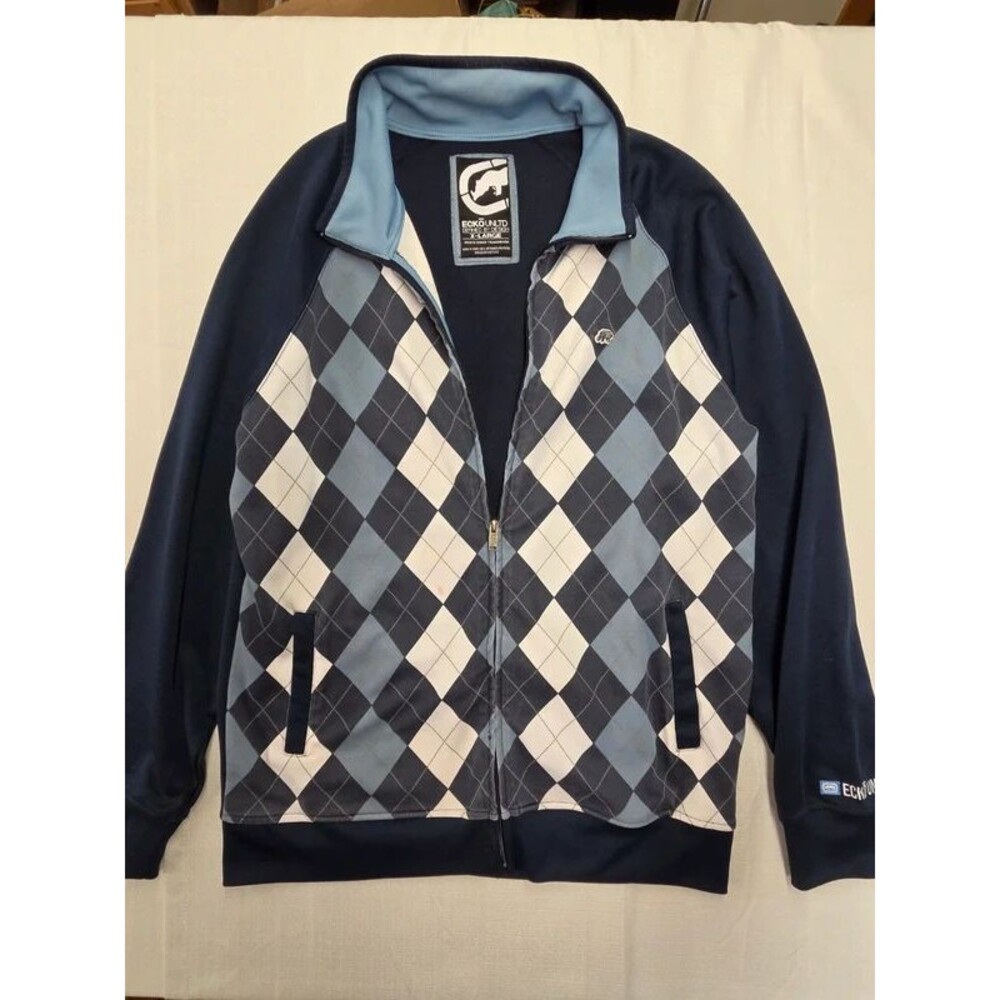 Ecko Unltd. Men's Vintage Argyle Track Jacket – Size XL Blue & White